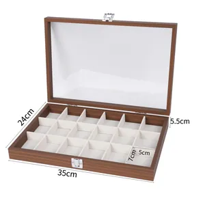 Dimensiones detalladas del joyero de madera de 18 compartimentos con tapa de vidrio.
