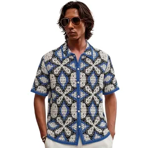 Men's Geometric Jacquard Knitted Polo Shirt Short Sleeve Hollow Out Button Up Casual Top For Summer Vacation Men Clothing