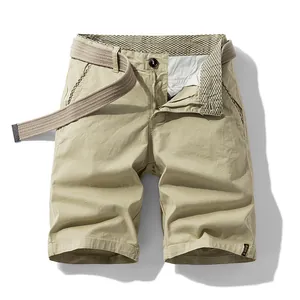 Retro men's khaki cargo shorts featuring a woven belt and checkered inner waistband