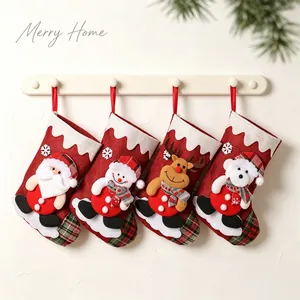 Calza di Natale in Lino Con Bambola 3D a Cartone Animato Motivo Plaid Borsa Regalo Appesa per Decorazione Casa Festa Camino