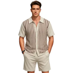 Stylish men's summer knitted two-piece set featuring striped polo shirt and shorts