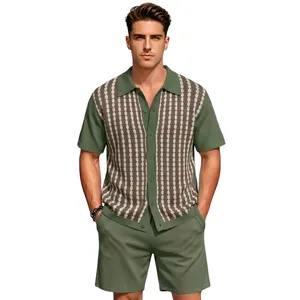 Men's casual green knitted two-piece set featuring short-sleeved cardigan and shorts