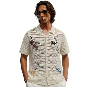 Men Casual Hollow Out Knitted Polo Shirt Embroidery Short Sleeve Cardigan Breathable Summer Acrylic Knit Top