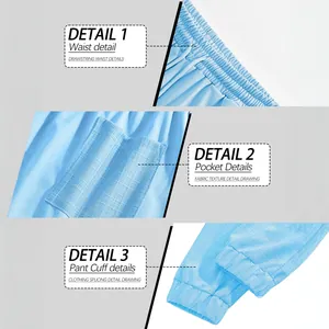 Detail view of light blue linen-like drawstring joggers showing waist and cuffs details