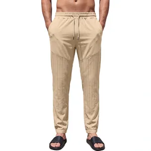 Men's khaki drawstring casual sweatpants with paneled linen-like texture for summer