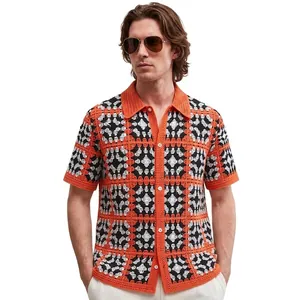 Men's Vintage Checkered Crochet Hollow-out Knit POLO Shirt Summer Casual Short Sleeve Button-Down Cardigan Top Acrylic Sweater