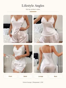 Plusieurs vues de style de vie d'un ensemble pyjama en satin blanc et dentelle fine