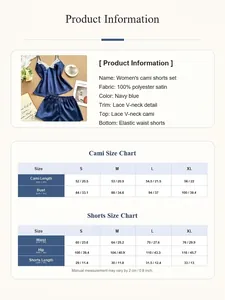 Tabella taglie e dettagli tessuto per completo pigiama in raso blu navy con pizzo
