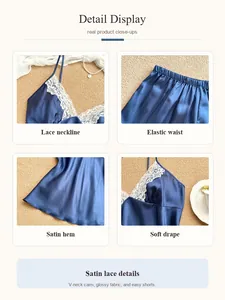 Dettagli del set pigiama in raso blu con scollo in pizzo e vita elastica molto morbida.