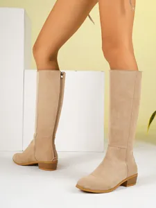 Classic beige suede knee-high fashion boots with a comfortable chunky heel and back zipper