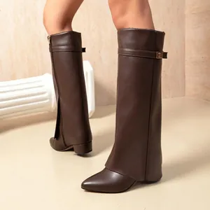 Elegant dark brown pointed-toe high-heel shark boots featuring a stylish fold-over design