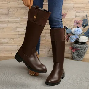 Stylish brown knee-high knight boots with patchwork suede and side zipper detail