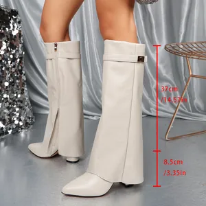 Beige pointed-toe high-heel pant-leg boots with side zipper and buckle detail for women