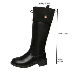 Elegant black faux leather knee-high riding boots with suede trim and specific dimensions