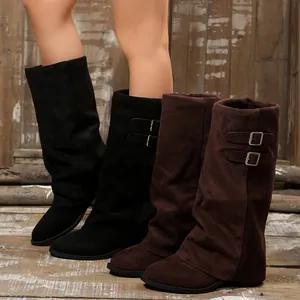 Vintage suede pant-leg tall boots for women featuring stylish side buckles and block heels