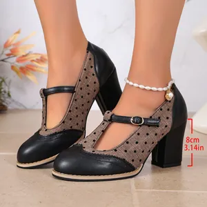 Vintage T-strap chunky heel pumps with polka dot pattern and 8cm high heel for women
