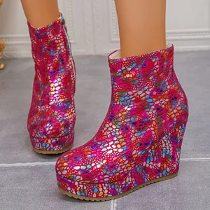 Women Platform Wedge Boots Colorful Shiny Pebble Texture Round Toe Side Zipper Fashion Catwalk High Heel Short Boots