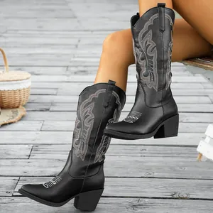 Vintage black leather cowboy boots with intricate embroidery and chunky heels for women.