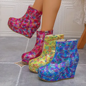 Vibrant sequined wedge platform ankle boots with side zippers available in four colors.