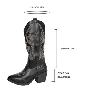 Retro black faux leather cowboy boots with white embroidery, chunky high heel and pointed toe
