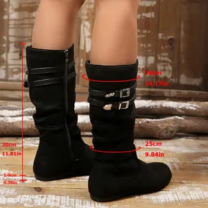 Black slouchy mid-calf boots with buckle straps and side zipper showing detailed dimensions.