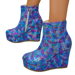 Stylish women's wedge boots with colorful pebble texture, platform sole and side zipper