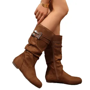 Stylish brown suede slouchy high boots for women with double belt buckle accents