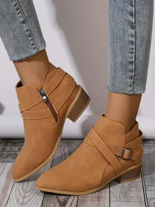 Stylish camel pointed toe ankle boots with side zipper and decorative buckle strap