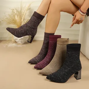 Women Pointed Toe Chunky High Heel Knit Sock Boots Glitter Autumn Winter Ankle Boots Metallic Finish Party Footwear