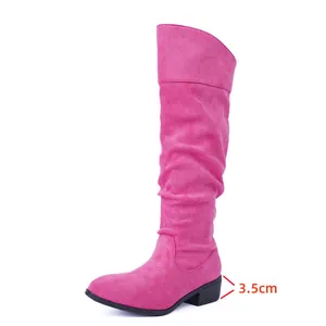 Stylish fuchsia slouchy suede knee-high boots featuring a 3.5cm low block heel for women