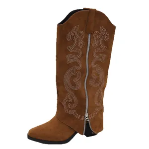 Brown suede high-top knight boots with embroidery and chunky heel