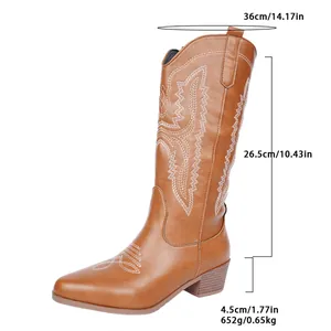 Braune Western-Cowboystiefel mit weißer Stickerei und Maßen für den Blockabsatz