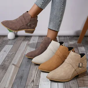 Women's Pointed Toe Chelsea Boots Large Size Mid Block Heel Side Zipper Ankle Boots Cross Strap Faux Suede Fall Winter Shoes