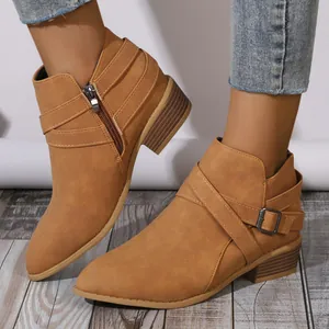Stylish brown pointed-toe ankle boots with block heel and buckle strap