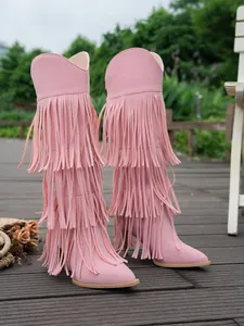 Fashionable pink tiered fringe high boots with stiletto heel and pointed toe for women.