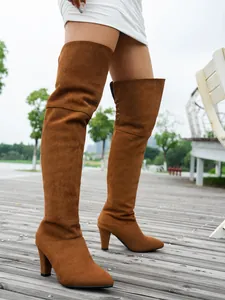 Stylish brown suede thigh-high boots with high heels and pointed toe shown on model