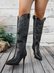 Chic black pointed-toe stiletto boots with intricate Western embroidery details