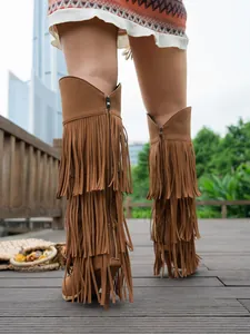 Detail shot of stylish brown high-heeled boots featuring elegant triple-layered fringe