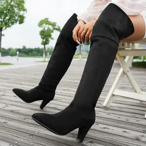 Stylish black suede pointed toe over-the-knee boots with high heels shown on model.