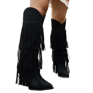 Elegant black tiered fringe high heel boots with pointed toe for fashion women