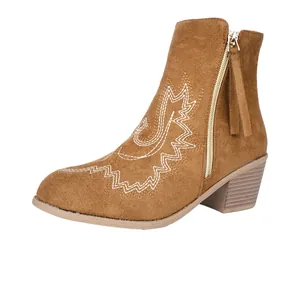 Women's brown suede Western ankle boots with white embroidery and chunky heel for autumn.