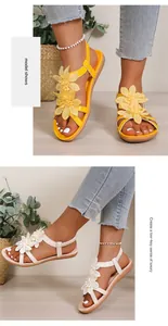 Detailed macro view of Bohemian flat sandals featuring elegant 3D mesh flower decorations.