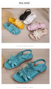 Detail of bohemian flat sandals featuring intricate 3D floral decorations and elastic straps.