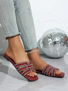 Red rhinestone flat sandals with sparkly hollow straps for summer casual party wear