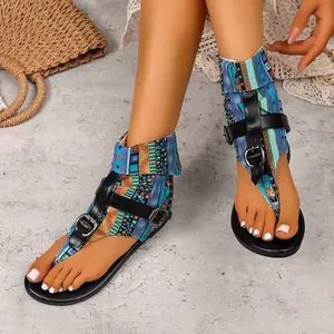 Stylish bohemian pattern denim thong sandals with Roman belt buckles and ankle wrap