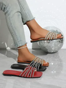 Elegant rhinestone flat sandals for women shown in red black and champagne gold colors