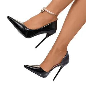 Elegant black patent leather pointed toe stiletto heels with stylish side hollow design