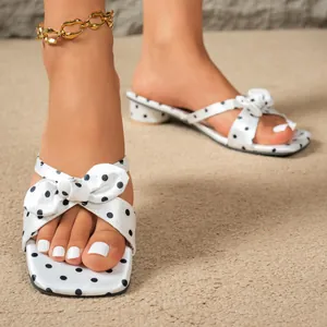 French style polka dot sandals with bow decoration and square toe chunky heel