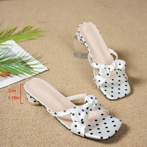 Elegant French style polka dot bow sandals with square toe and 3cm chunky low heel