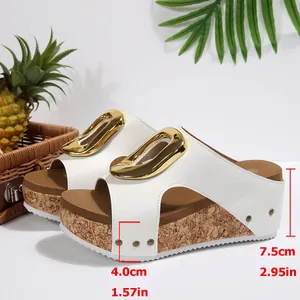 Detailed view of white wedge platform sandals featuring gold buckle and 7.5cm heel